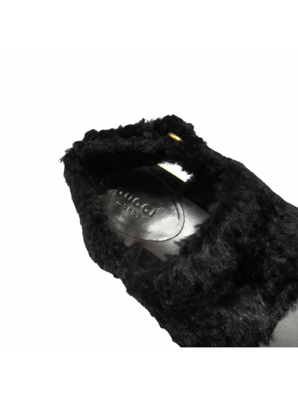 Gucci Faux Fur Sandals Boa Shoes Metal Heels Back Velcro Black 37.5